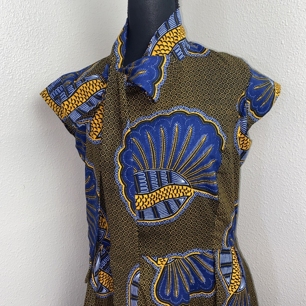 Ray Darten Gown Women's L Navy Blue & Yellow Seashell Ayoade African‎ High Low - Picture 5 of 16